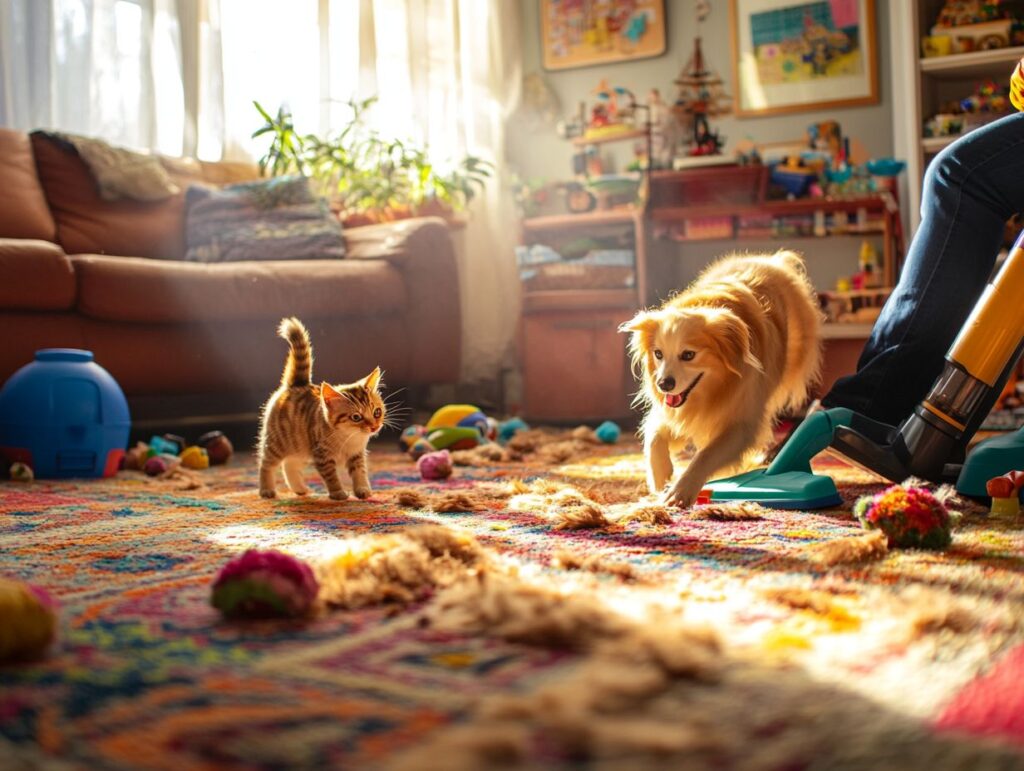 A cat and a dog playing on a home carpeted floor